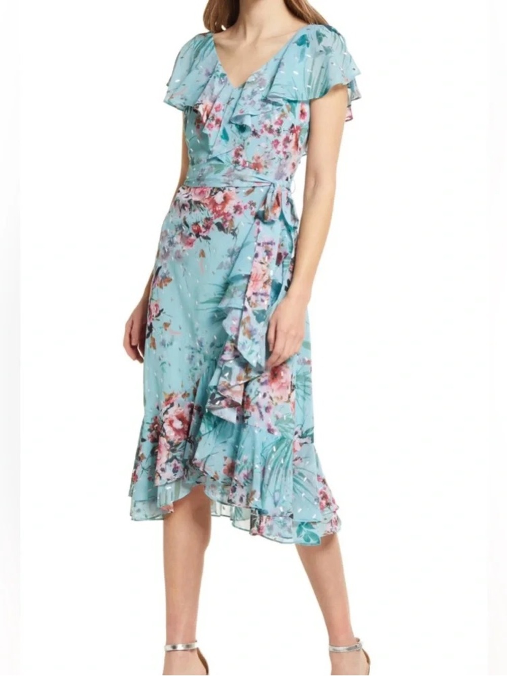 Eliza J Floral Cascading Ruffle Trim Dress Size 16 NWT-New With Tags